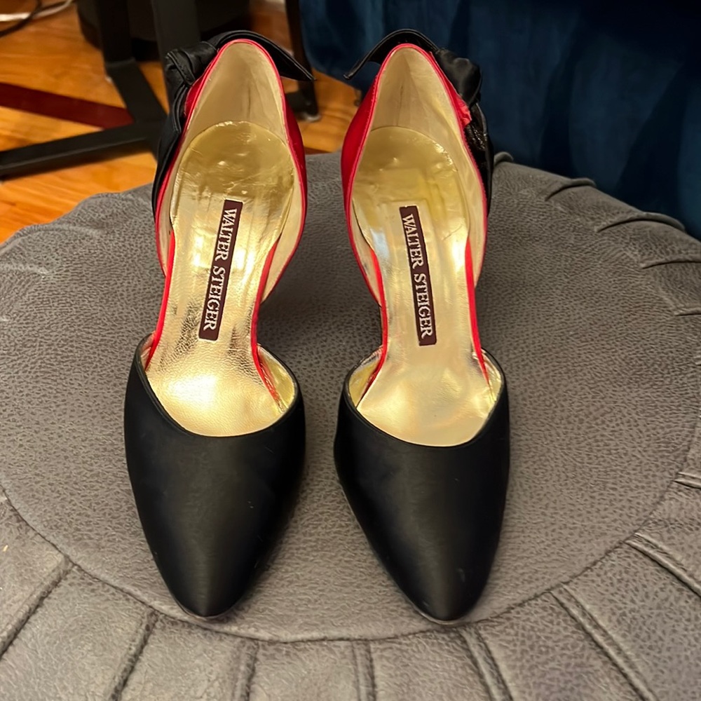 Vintage 80’s Walter Steiger Black and Red Satin D’Orsay Pumps with bow